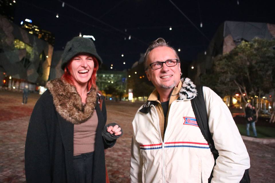 Amanda Gibson and Andrew Garton at Federation Square, launch of the exhibiting documentary. Photo by Kerry Cross